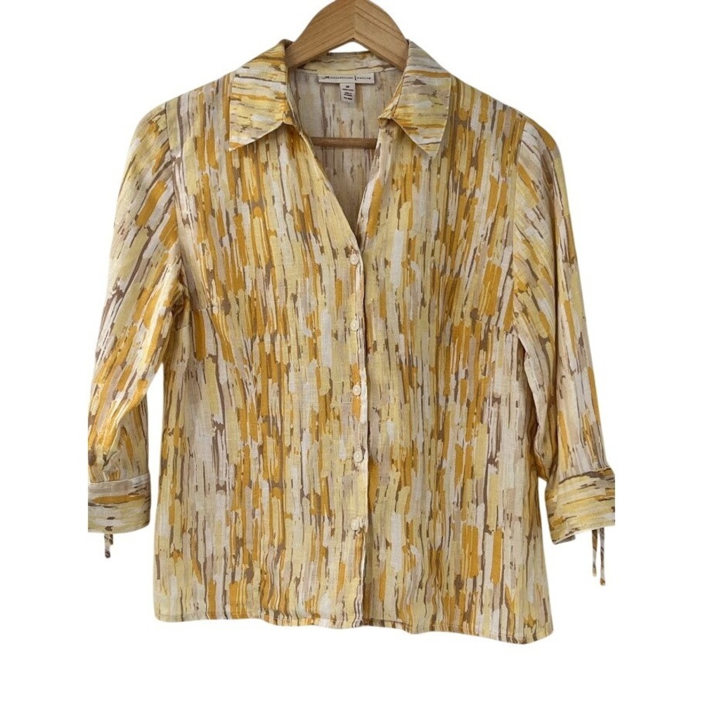 JM Collection Womens 6P‎ Linen Shirt Yellow Abstract Brushstroke 3/4 Sleeve Top